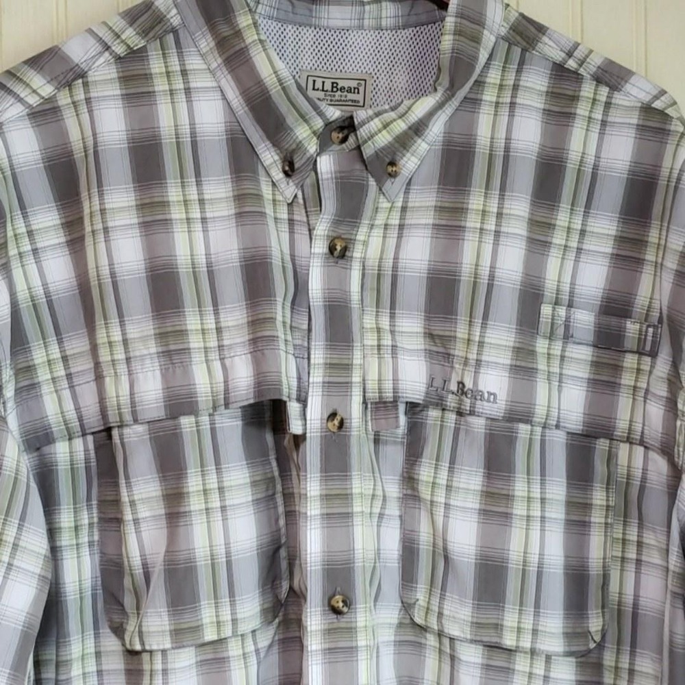 L.L. Bean Shirt Mens 2XL Gray Plaid Long Sleeve Vented Fishing Button Up Outdoor